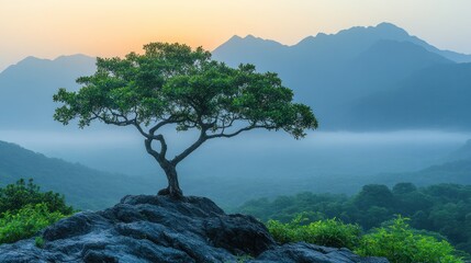 Majestic tree atop mountain peak