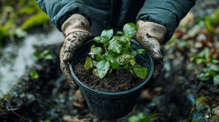 Close Up of Hands in Gloves Planting a Sapling