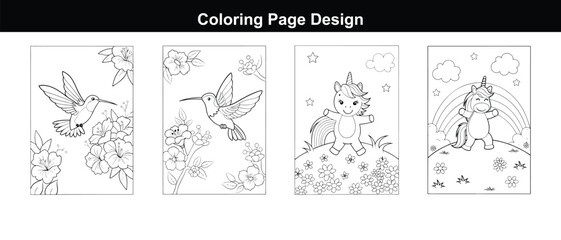 Cute Hummingbirds and Unicorns Coloring Page Designs