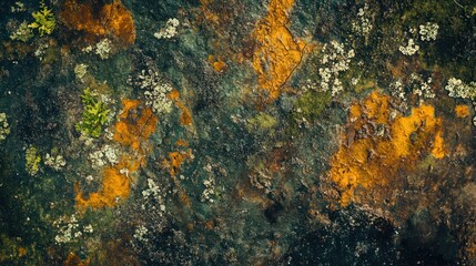 Detailed close-up of a rock surface covered in lichen and moss.