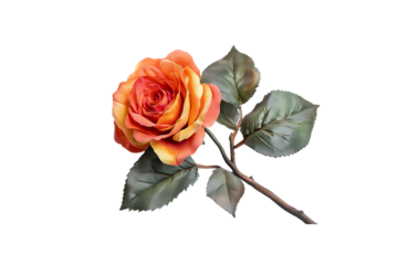 Artificial rose with vibrant orange and yellow petals on a transparent background