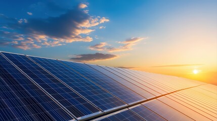 Solar panels underneath vibrant sunset sky with cloudy atmosphere