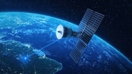 Satellite in orbit above earth with solar panels and blue light beam
