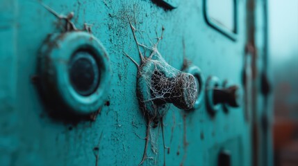 Rusty door handle covered in spider webs and dusty texture