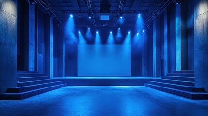 Blue Lit Empty Concert Stage, Modern Venue, Dark Interior, Spotlight, Performance Space, Event, Show, Theater, Auditorium, Arena