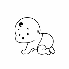 Line drawing of cute baby boy crawling around on white background,