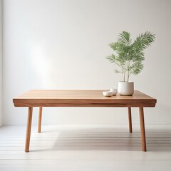 Neat wooden table, white tone background, light studio feel