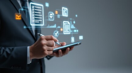 Business professional engaging with data visualization on tablet modern office environment digital content creation analytical perspective