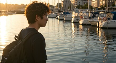 Fototapeta premium Young man contemplating life by the marina at sunset boating scene serene environment personal reflection