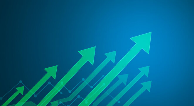 A group of green arrows pointing upwards on a blue background indicating growth and development trend
