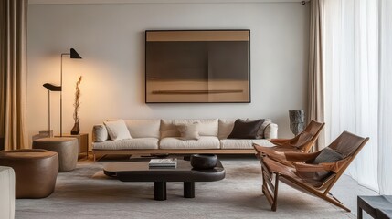 Neutral toned living room features modern furniture and minimalist decor