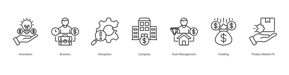 Startup Innovation icon sheet vector innovation, business, disruption, company, asset management, funding, product market fit