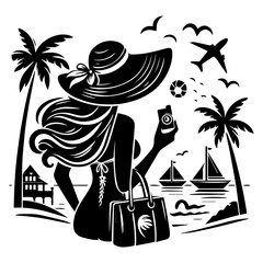 Minimalist vector logo of female backpacker silhouette for hiking and outdoor lifestyle