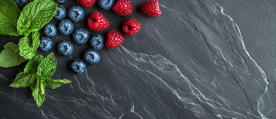 A stone gray background is showcased from the top, highlighting a healthy and detoxifying concept through a visually appealing arrangement of fresh blueberries and mint leaves on a black slate board