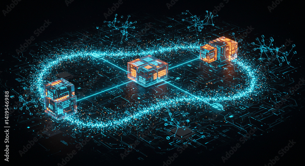 Wall mural glowing cubes connected by a circuit of light with molecular structures on a dark technological surf
