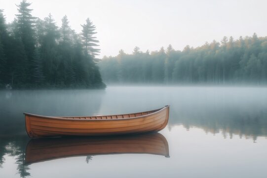 Serene morning mist curls around a wooden boat resting on a calm lake, reflecting the tranquil beauty of nature at dawn