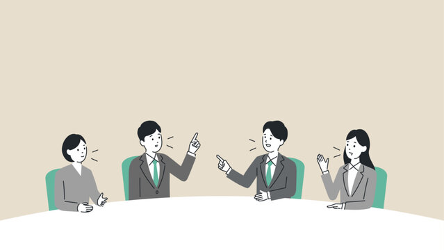 会議テーブルを囲み意見を交わすビジネスパーソンのイラスト、上部にタイトルスペース、ベクター