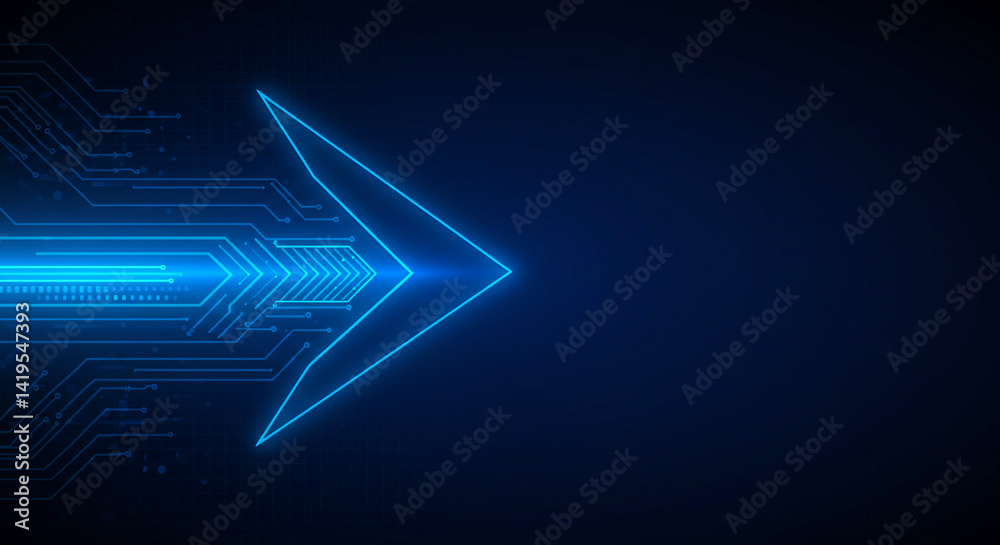 Wall mural a futuristic glowing blue arrow pointing right with circuit board patterns on a dark blue background