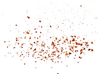 Dried red chili powder flying. Grainy scatterings of spicy burst . Splashes of red pepper powder.Overlay effect chilli or paprika spice splatters.