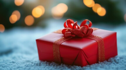 Festive Red Gift Box on Snow