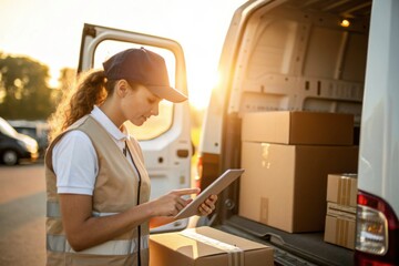 Delivery driver using tablet to manage shipments urban area business context early morning professional setting logistics management