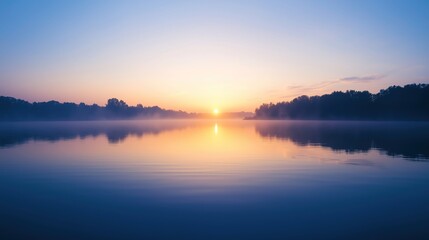 Naklejka premium Serene Sunrise Over Calm Lake