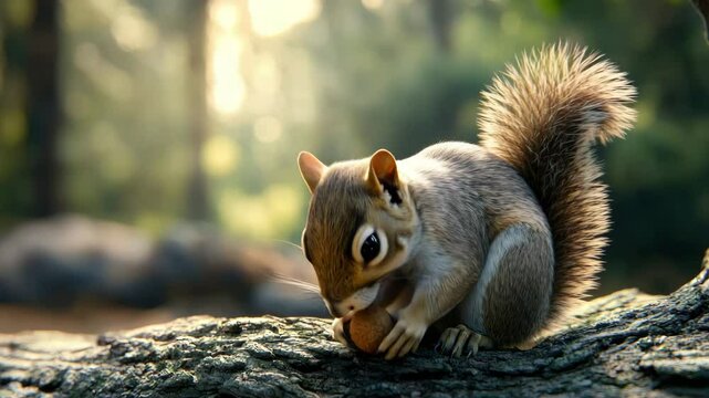 Chipmunk exploring forest floor with cheeks full of food in daylight. 