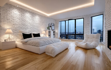 Modern minimalist bedroom with city view at dusk featuring soft bedding and minimalist decor