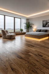 Modern bedroom interior with wooden floors and large windows showcasing a city view