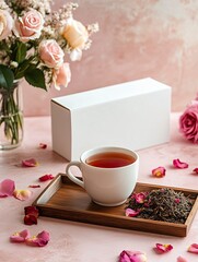 Cup of Tea with Rose Petals and White Box