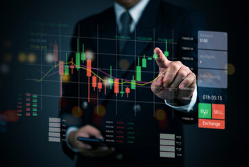 Close-up of hand analyzing forex chart and trading indicators on tablet. Ideal for stock trading, market analysis, trading strategy, and financial market visuals.