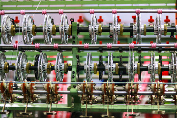 Close-up view of a spinning machine in a spinning factory