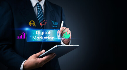 Close-up of digital marketing professional analyzing marketing data and online advertising on tablet. Perfect for growth strategy, digital advertising, and social media marketing visuals.