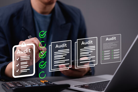 Accountant reviewing audit checklist and verifying compliance with financial documents. Suitable for audit team, financial reporting, and business audit visuals.