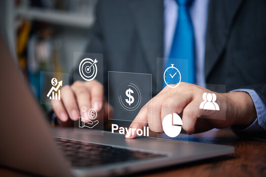 Businessman managing payroll system on a laptop, with floating icons representing financial management, salary payments, tax calculation, and digital payment solutions for business operations.
