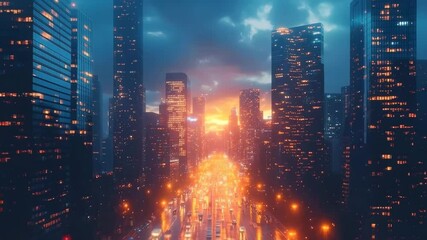 Thriving business district with glowing high rises bustling with activity and exuding corporate energy