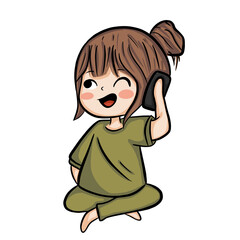 Happy Cartoon Girl Enjoying a Drink Outdoors