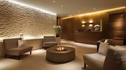Elegant reception area featuring textured wall and warm ambiance
