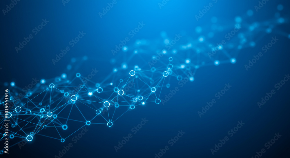 Wall mural a blue abstract network with glowing nodes and connecting lines on a dark blue gradient background