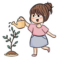 Cartoon Girl Watering Plants
