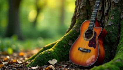 Vintage guitar leaning against a mossy tree trunk , green, music instrument