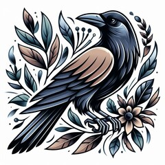Obraz premium Stylized Crow Amidst Floral and Botanical Elements with Smooth Gradients