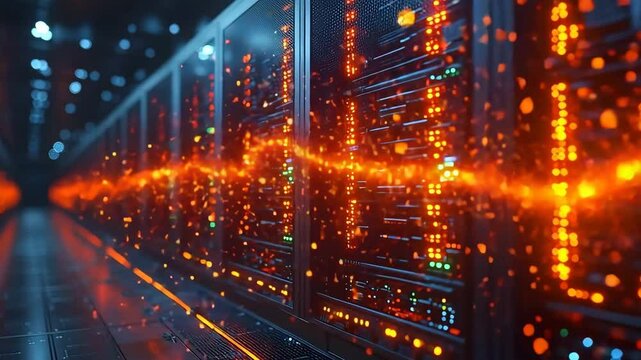 Glowing quantum computing server room with dynamic energy patterns