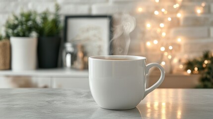 Fototapeta premium Warm Cozy Mug of Coffee, Steam Rising, Winter Lights Background