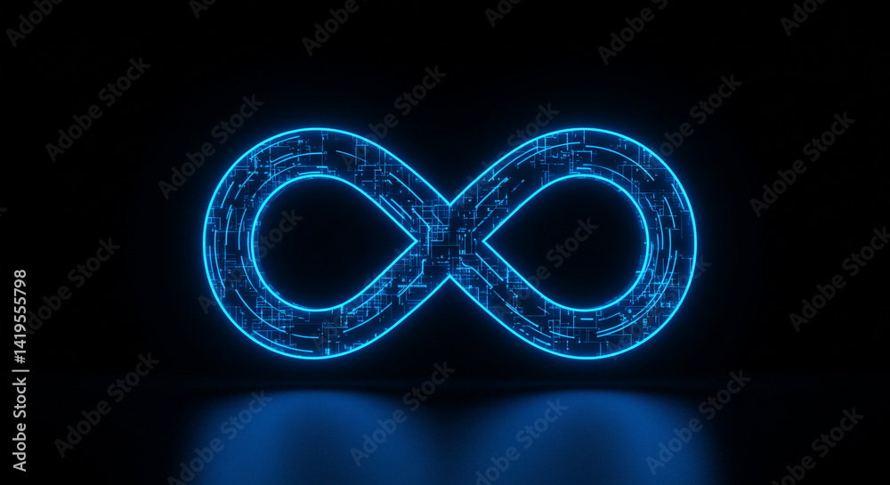 Wall mural a glowing blue infinity symbol with circuit board pattern on a dark background with reflection below