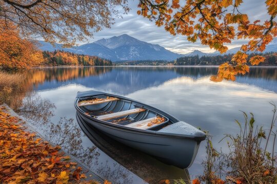 Serene Autumn Reflections A Tranquil Boat Ride on a Mountain Lake