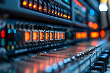 Detailed View Of Audio Mixer Control Panel Illuminated With Orange Lights