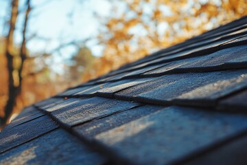 Detailed View Of Dark Shingle Roof With Wet Texture And Blurred Autumnal Background