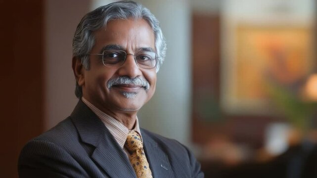 Elegant Professional Portrait: A dignified businessman exudes confidence and experience, his warm gaze and subtle smile conveying an air of success in a professional setting.