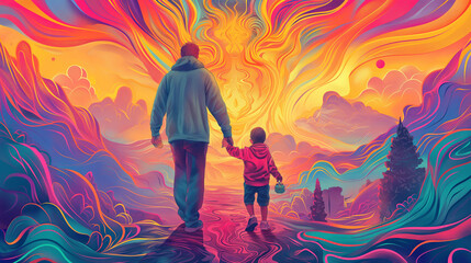 Fototapeta premium Fathers day | Father and child illustration | Happy fathers day | Vibrant Multicolored Illustration of a Father with his Child in Warmth and Love
